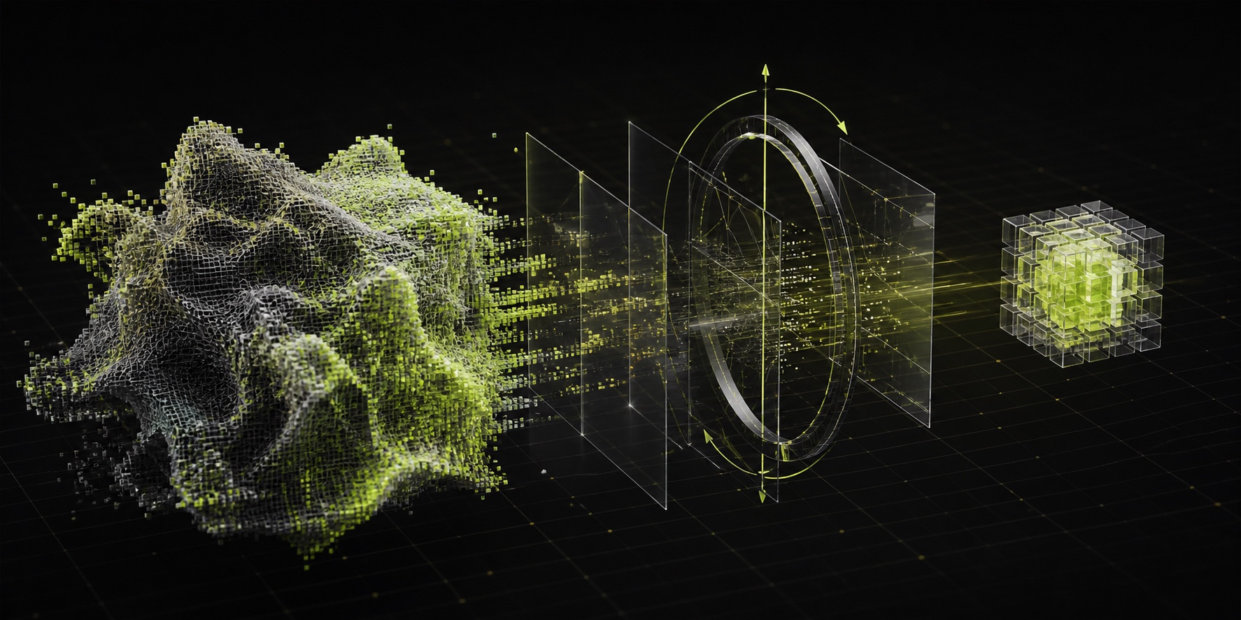 A dense wireframe 3D form passes through a rotation field and becomes a compact crystalline voxel core.