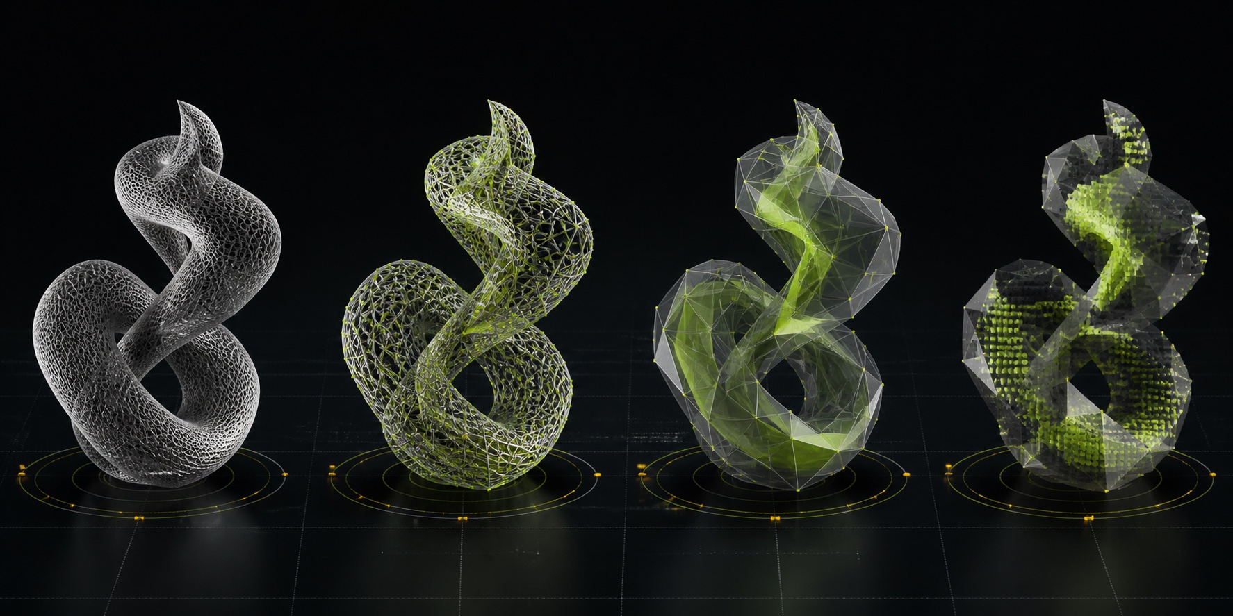 Four matching abstract 3D forms show a progression from dense precision to increasingly compact quantized representations.